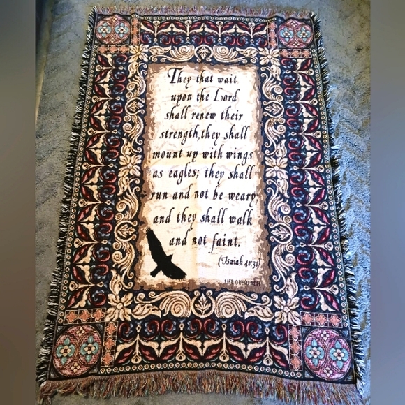Vintage tapestry blanket with scripture - Picture 1 of 5